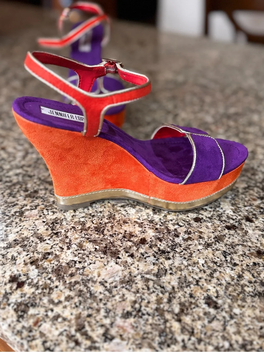 Jennifer Lopez Orange and Purple Suede Wedge Sandals